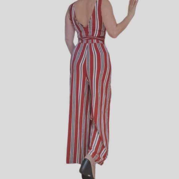 BERSHKA Europe Striped V neck Tie Waist Wide Leg Jumpsuit - Picture 13 of 16